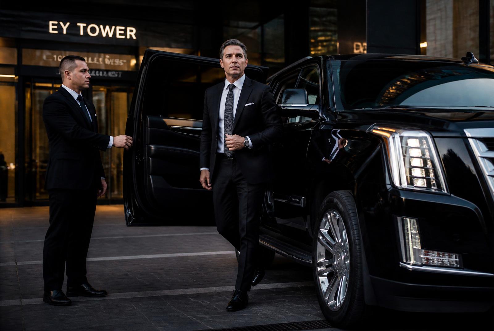 Chauffeur opening door for executive at Toronto corporate tower