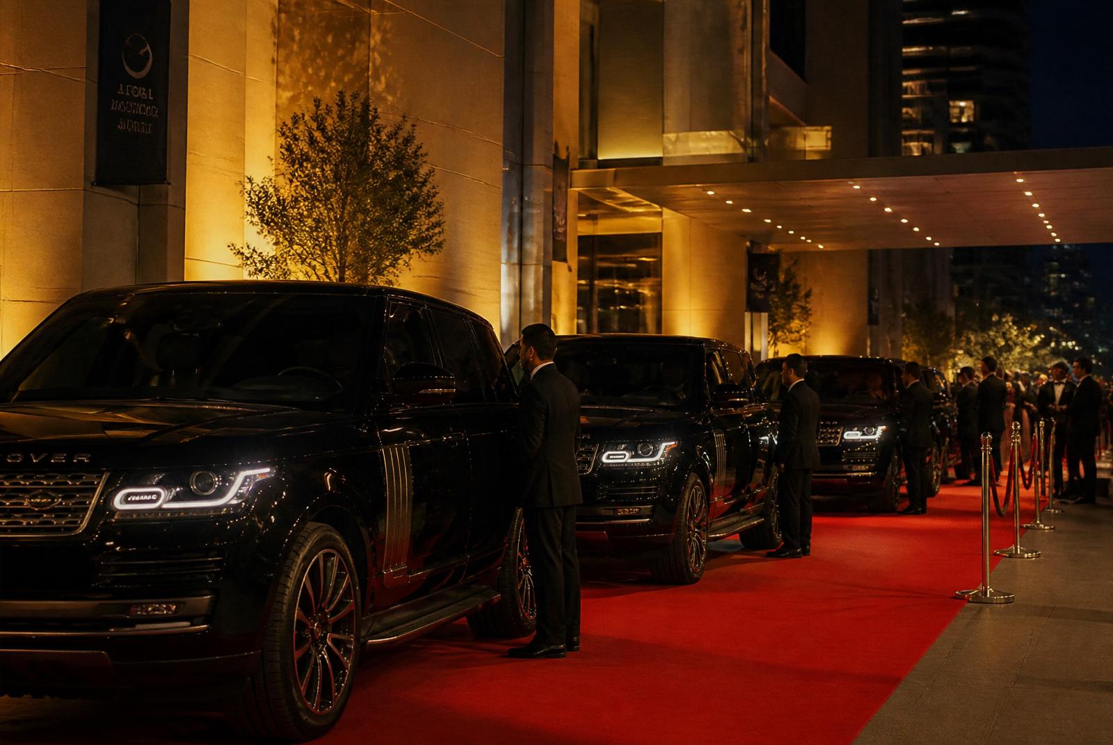 Fleet of luxury SUVs on red carpet at a corporate gala