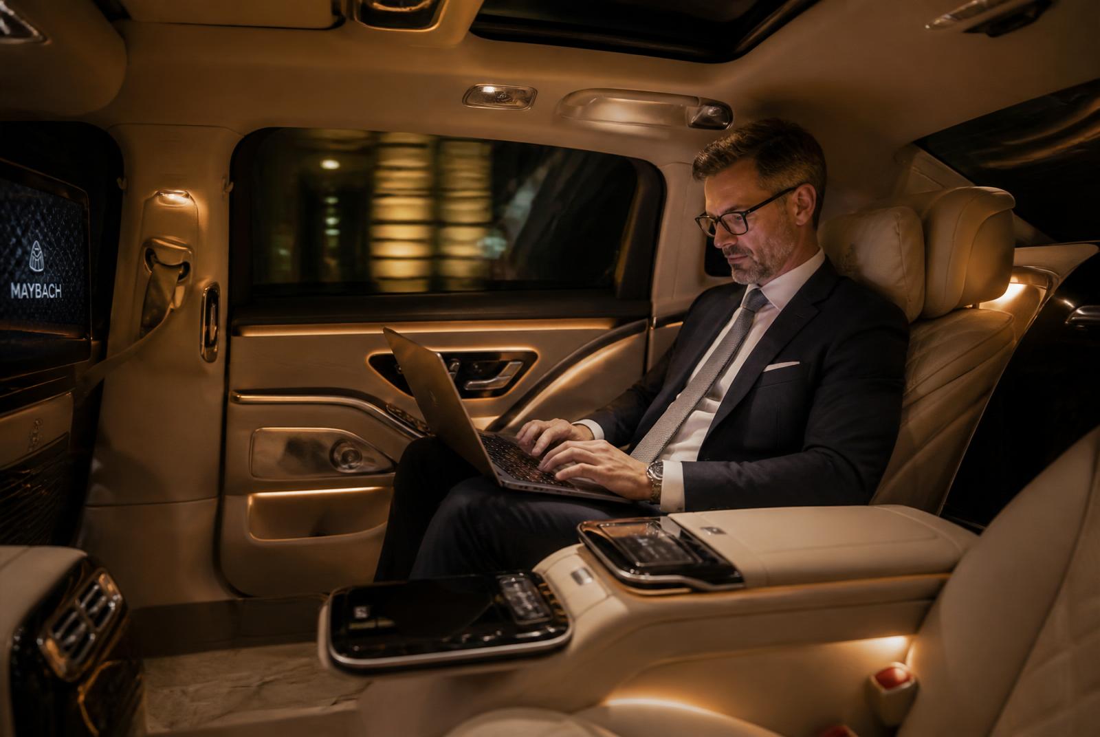 Executive working in the rear cabin of a Maybach