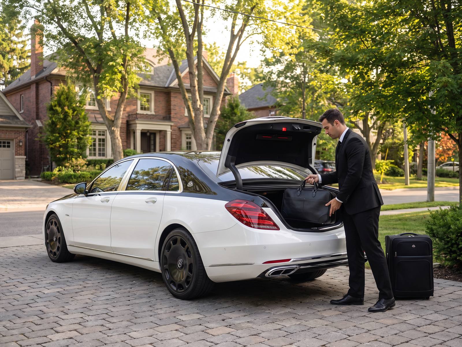 A chauffeur in a black suit loading a bag into the trunk of a white and black Mercedes-Maybach S-Class on a residential driveway