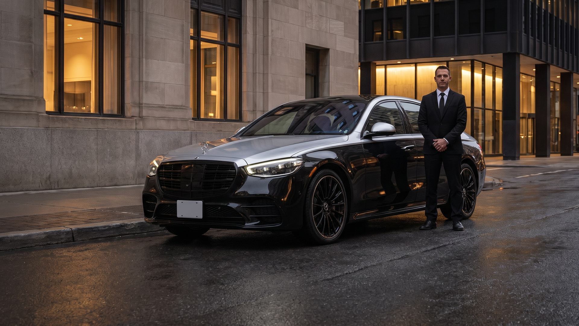 A chauffeur in a black suit standing beside a black and silver Mercedes-Maybach S-Class on a downtown street at dusk