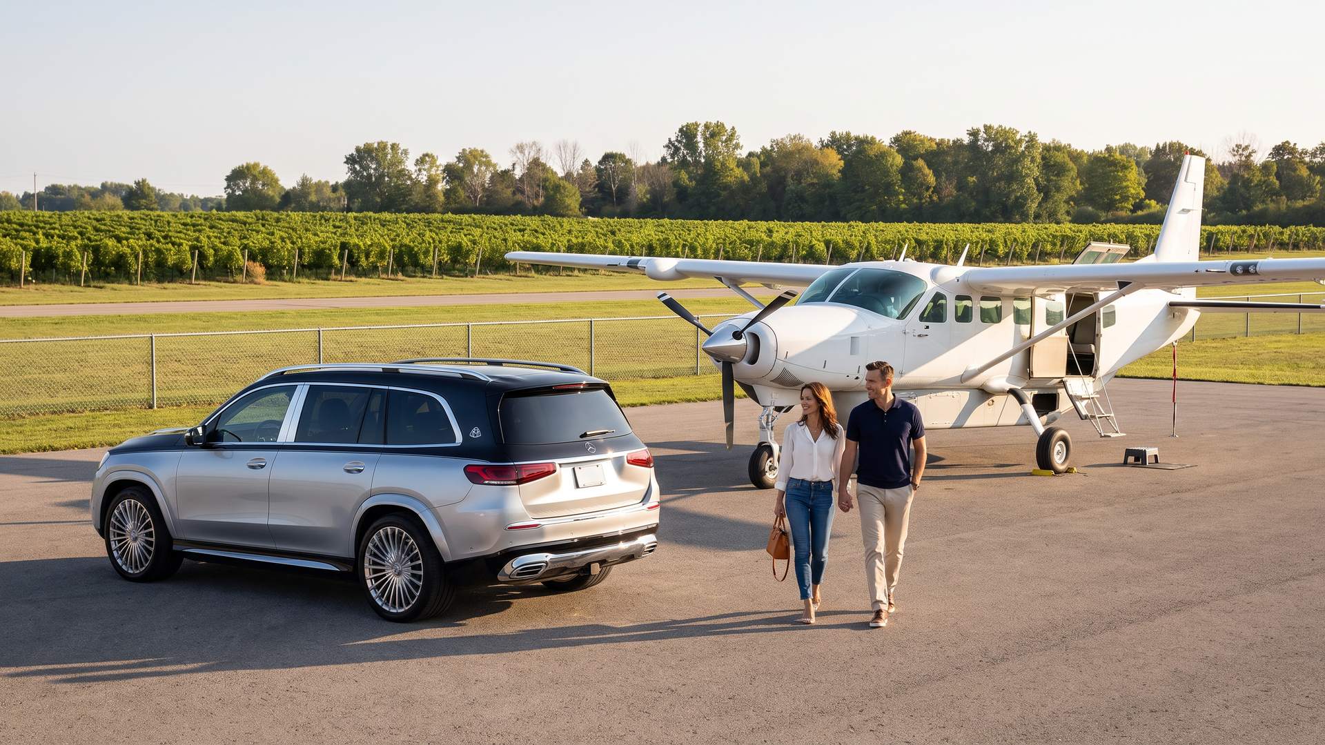 A couple walking from a small private plane toward a black and silver Mercedes-Maybach GLS waiting on a country airfield beside rows of grapevines