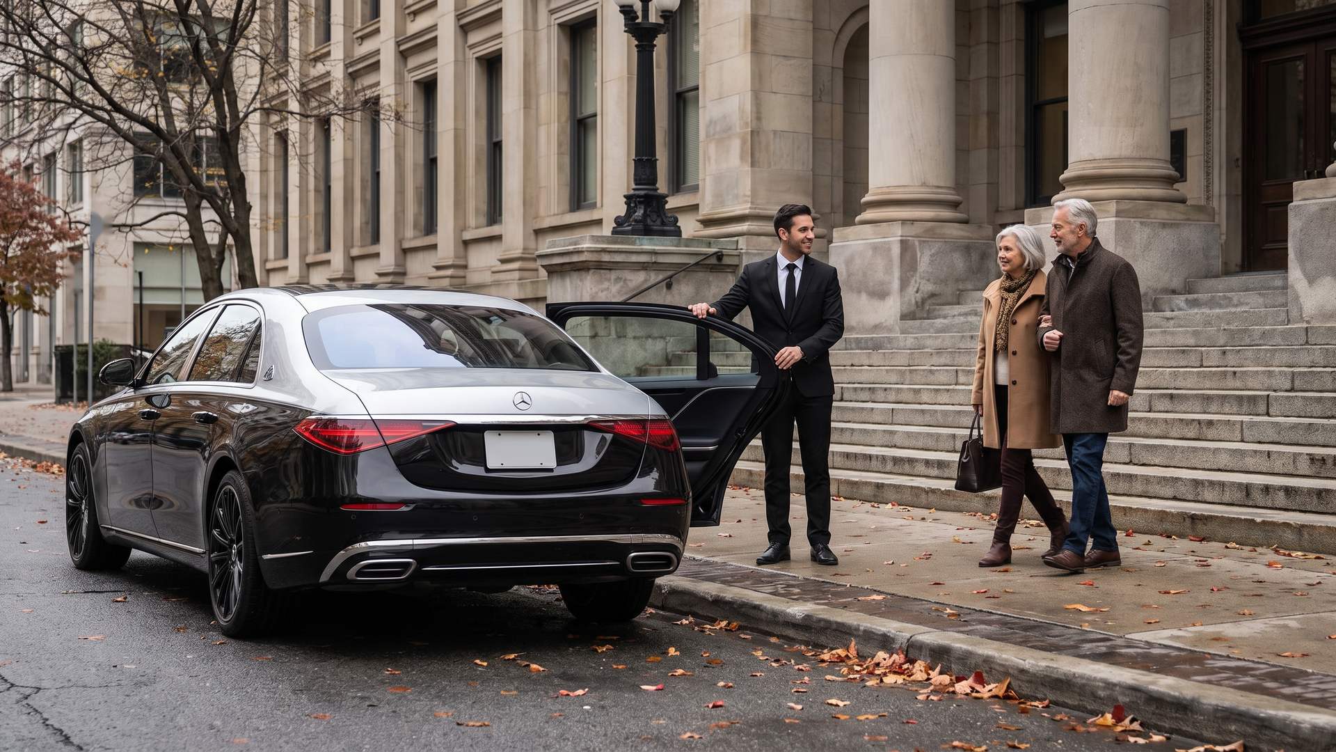 A chauffeur in a black suit holding the rear door of a silver and black Mercedes-Maybach S-Class at the kerb as an older couple walk toward him from the steps of an old stone building