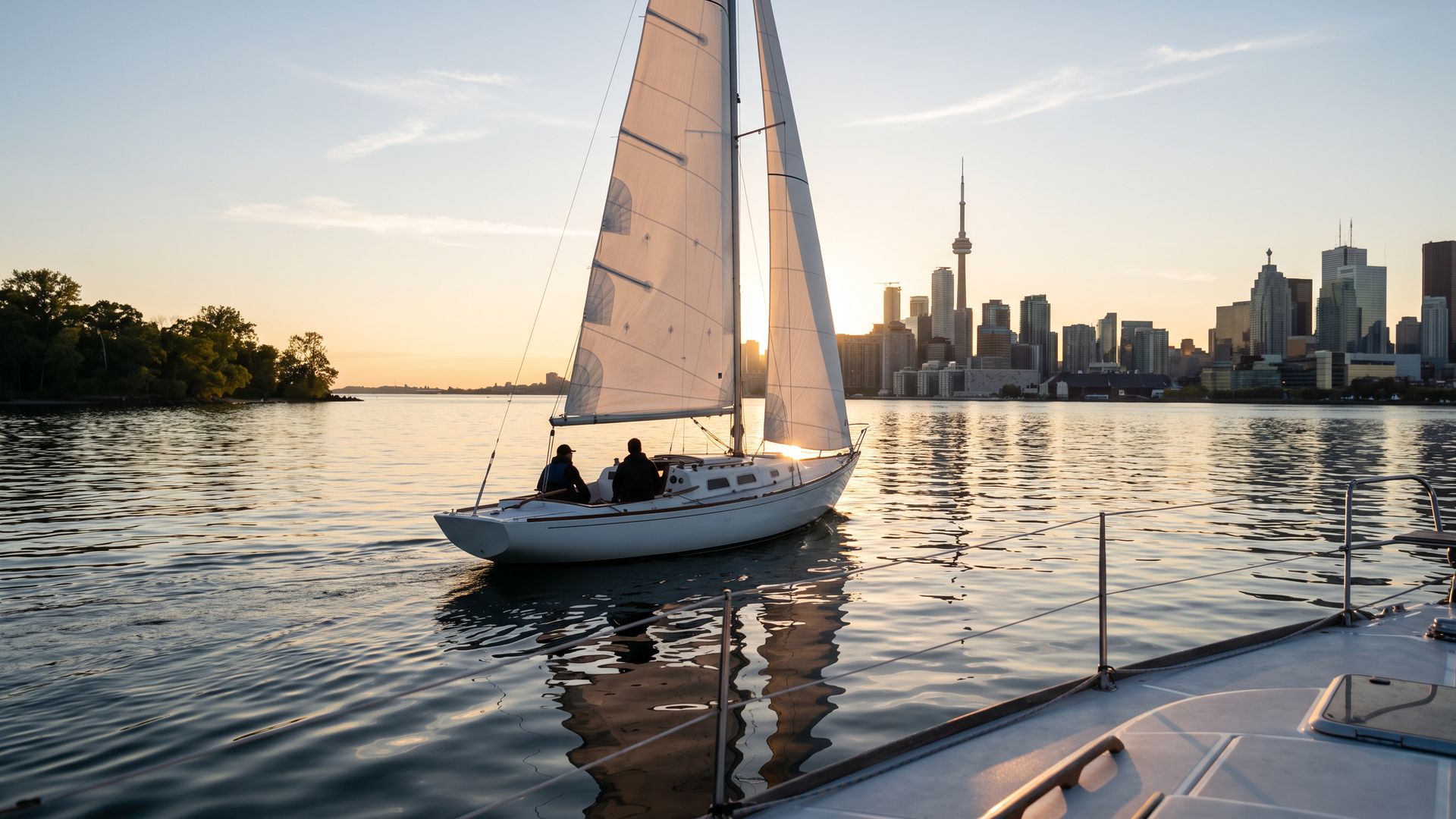 A white sailboat under sail on Toronto harbour at sunset, with the CN Tower and the downtown skyline behind it
