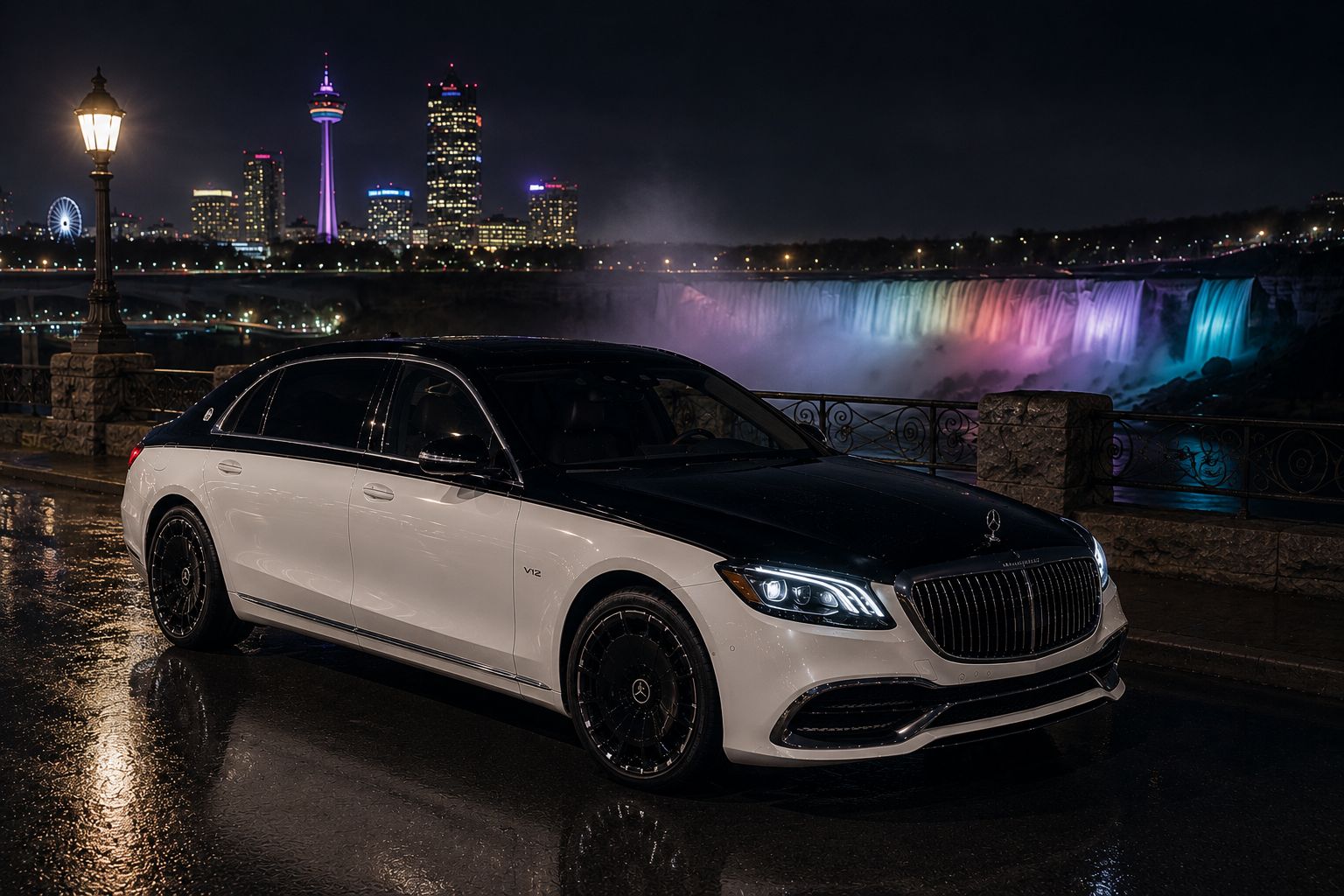 A white and black Mercedes-Maybach S-Class on a wet road at night, with the lit Niagara Falls behind it